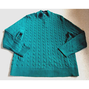 Mens Sweater-LANDS' END-Drifter-green cable-knit 100% cotton 1/4 zip po-XL Tall